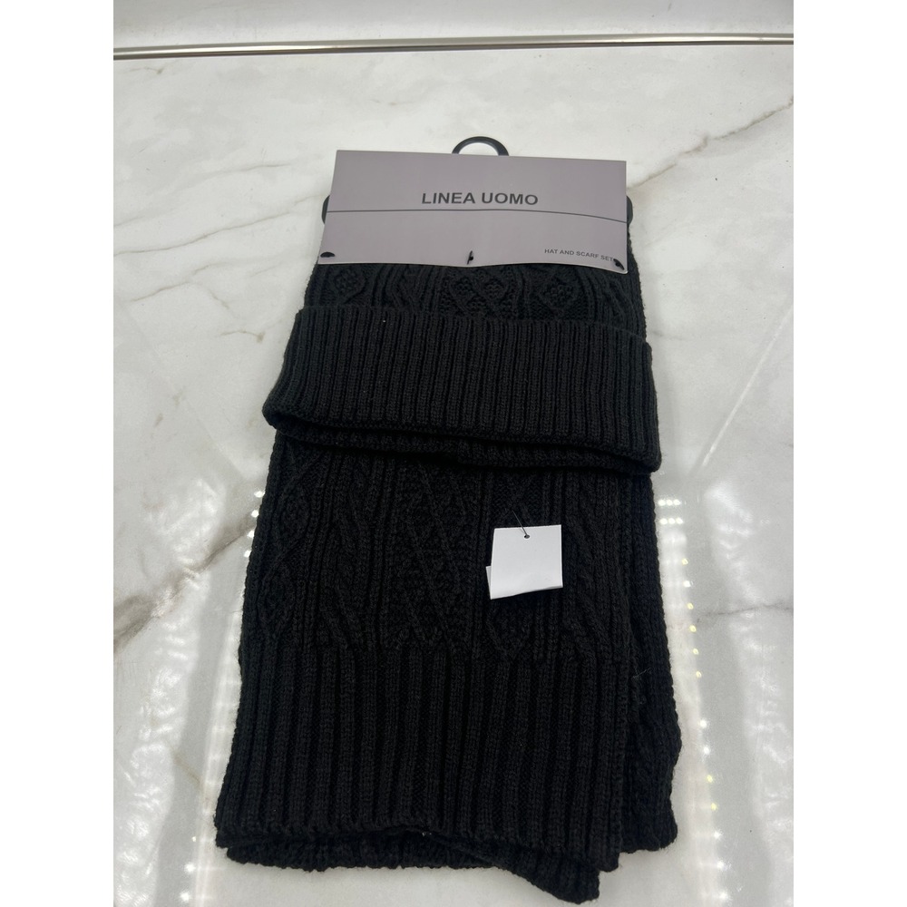 Linea Uomo Hat and Scarf Set Men's One Size Black Cable Knit NWT Gift